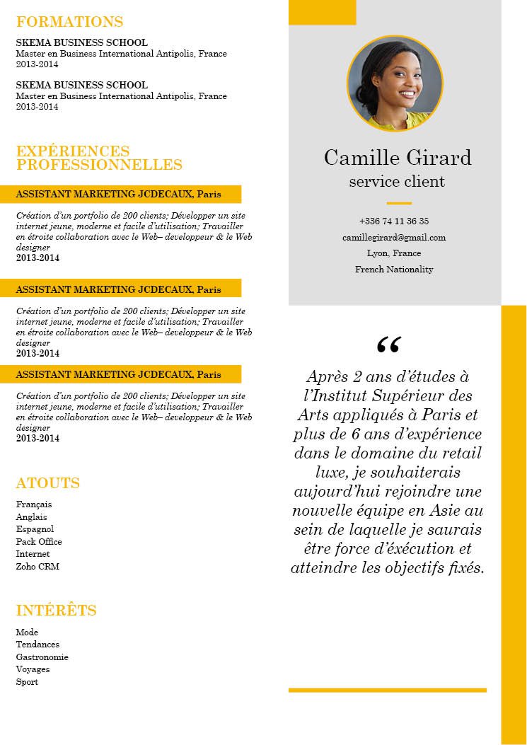 Mycvfactory-cv design-375.jpg Ensemble des informations bien ordonnancé. Les principales sections sont surlignées en jaune, faciles à distinguer. Profil condensé sur la moitié gauche du cv. Présentation élégante de la photo