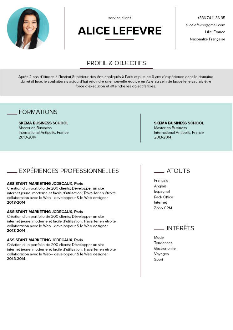 Mycvfactory-cv design-376.jpg Succession des différents parties et présentation en colonnes. Tons de couleurs neutres, pas trop éclatantes. Informations regroupées, facile à lire et à comprendre grâce aux codes couleurs(gris, bleu, blanc)