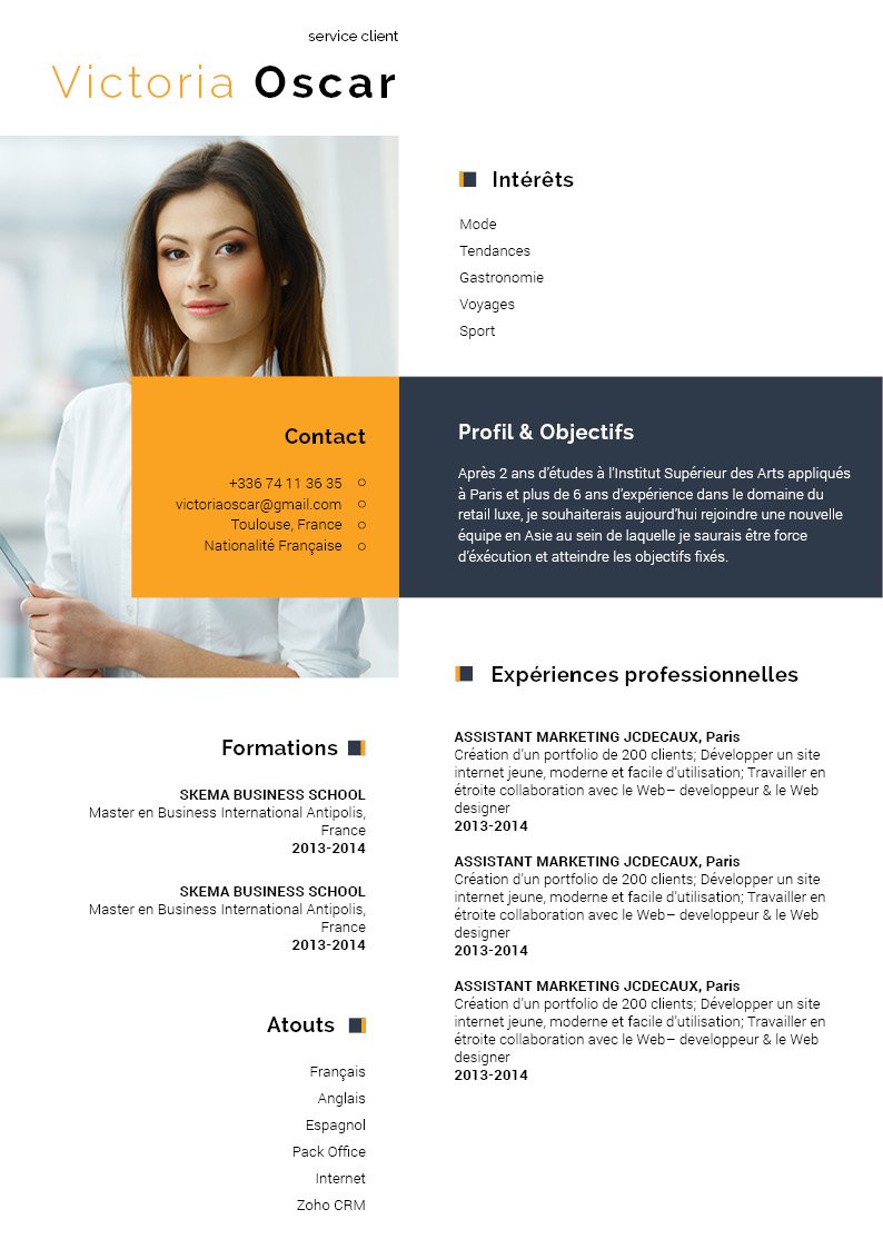 Mycvfactory-cv design-378.jpg Un encadré très élégant combinant du gris foncé et de l'orange. Sinon une présentation classique par section texte noir sur fond blanc