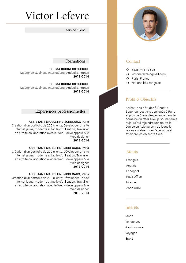 Mycvfactory-cv design-399.jpg Deux colonnes dont la séparation centrale se fait par une bande grise et marron. De chaque côté, sont réparties les différentes informations regroupées en sections
