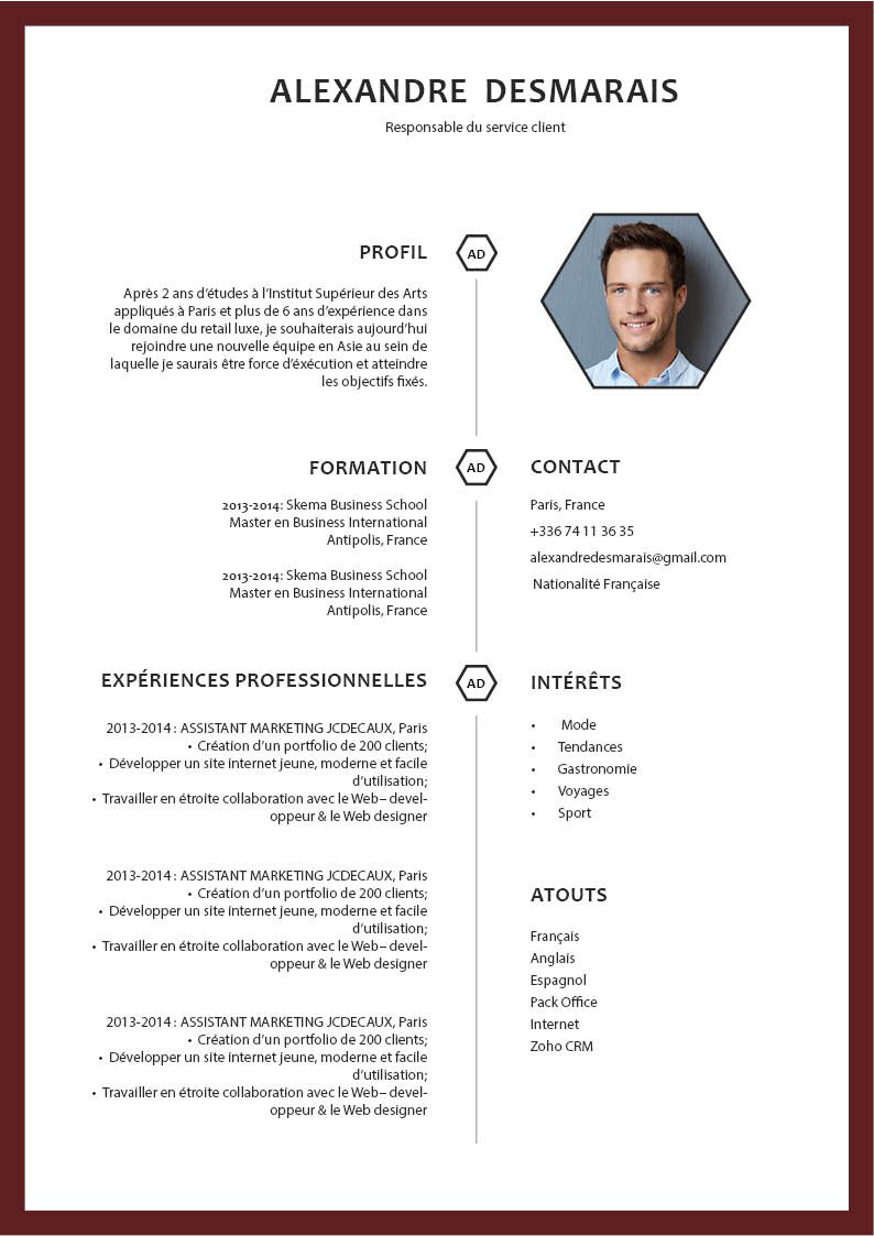Mycvfactory-cv design-406 Cadre marron pour tout le CV. Belles polices, claires et lisibles. Titres de sections en gras.