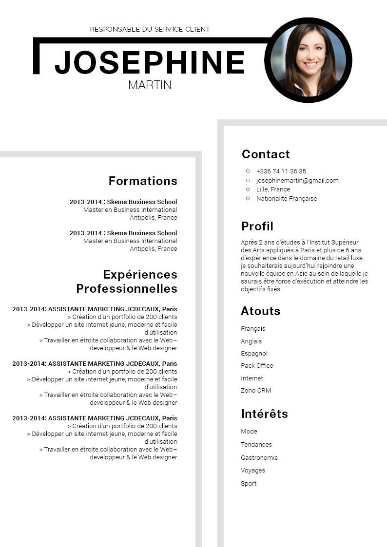 Mycvfactory-cv design-409 En-tête bien mis en valeur par un noir profond. Idem pour la photo élégamment cerclé de noir. Présentation en colonne, avec deux encadrés gris.