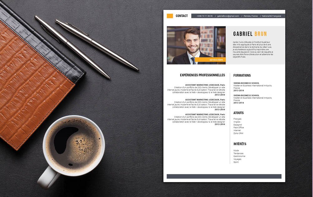 Mycvfactory-cv design-389.jpg Un cv tout en simplicité avec des tons gris. Quelques touches de couleurs.