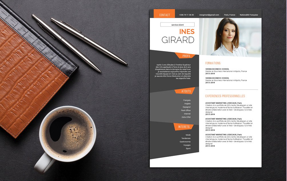 Mycvfactory-cv design-385.jpg Le thème principal est le gris. Accompagné de couleurs éclatantes comme le rouge ou l'orange.
