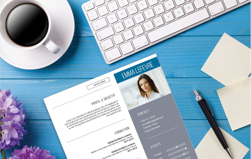 Mycvfactory-cv design-370.jpg Présentation des informations par cellule. Avec une opposition de couleur entre blanc et gris