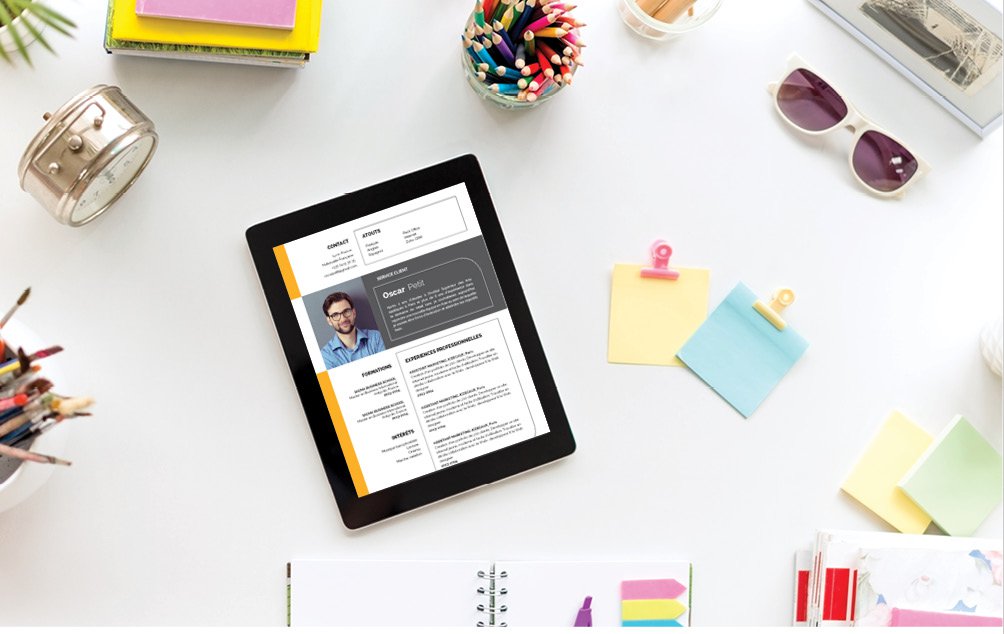 Mycvfactory-cv design-380.jpg Utilisation des cadres pour mettre en valeur les infos. Des couleurs sombres, surtout du gris
