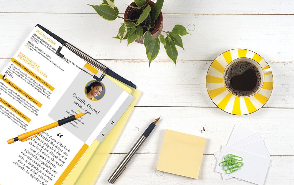 Mycvfactory-cv design-375.jpg Utilisation intelligente de la couleur jaune pour souligner les points importants.