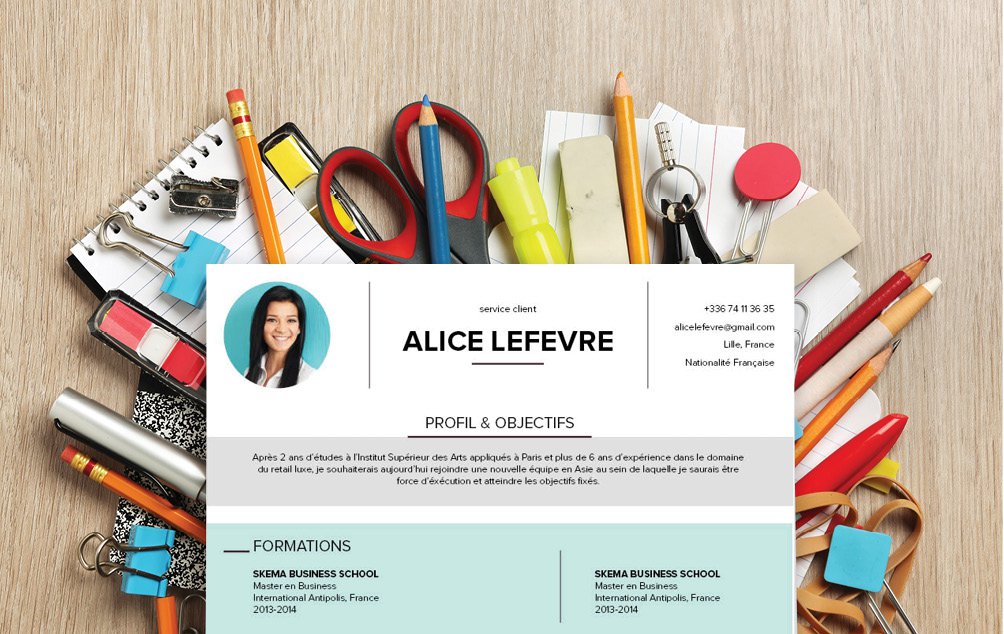 Mycvfactory-cv design-376.jpg Une présentation soignée. Intégrant toute les données indispensables.