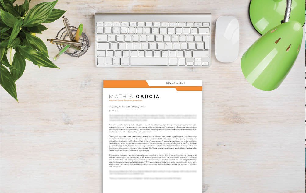 A simple  cover letter template with a clean and functional design is crafted for the hospitality sector