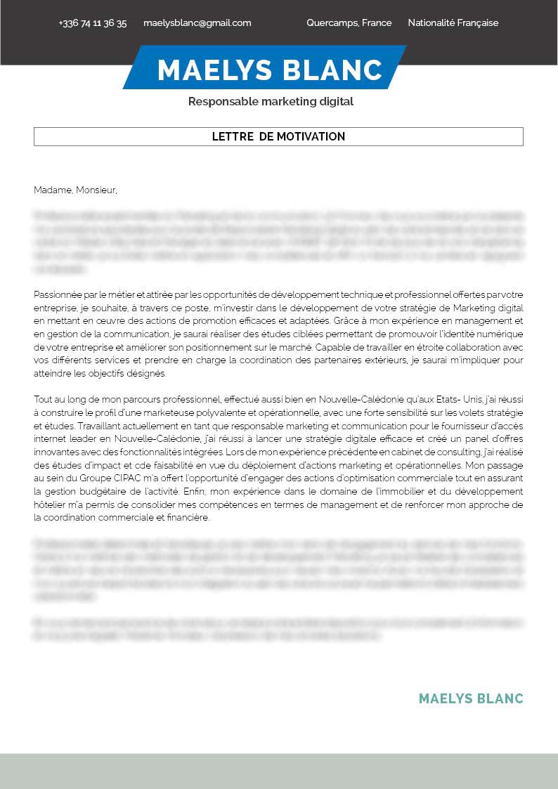 Une lettre de motivation design avec de nombreux encadrés qui mettent en avant des informations importantes sur le candidat.