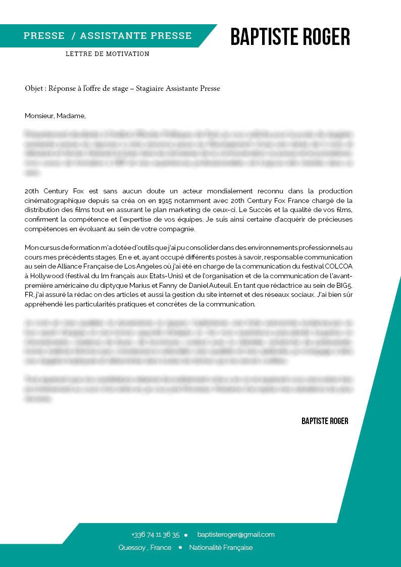 Une lettre de motivation à télécharger avec des détails bien pensés : les encadrés irréguliers colorés ou encore les puces.