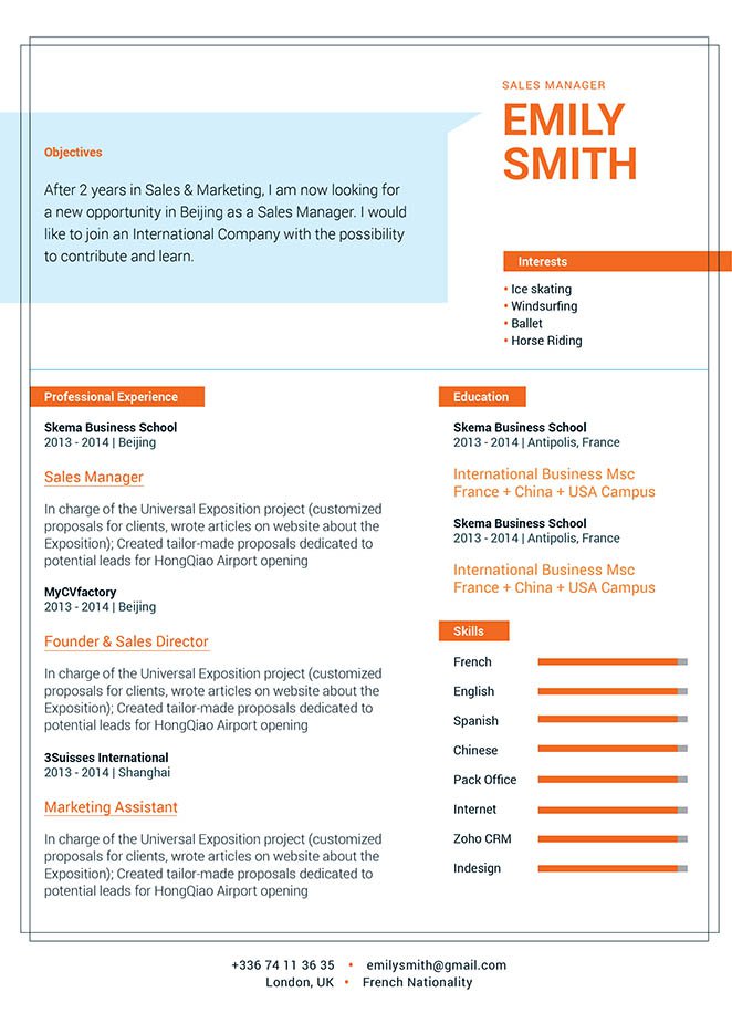 All relevant information is made easy thanks to this CV's format and design