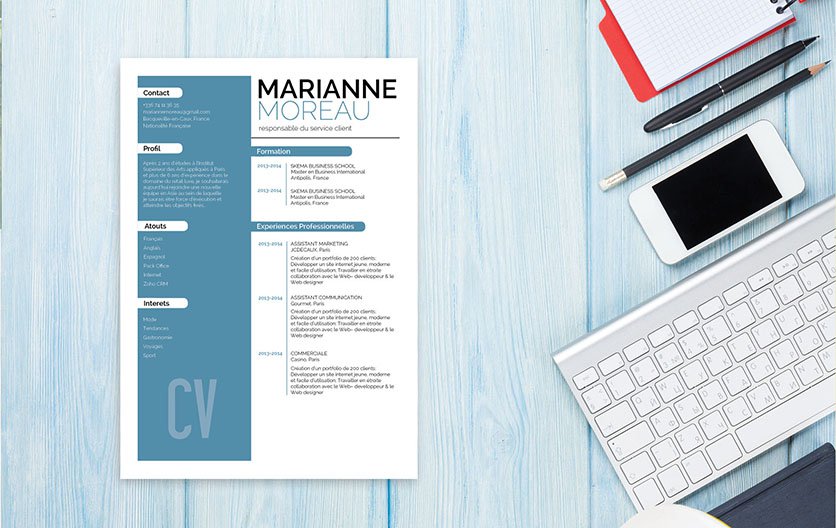 Mycvfactory-cv original-255 Un CV créatif misant sur un jeu de couleur entre le bleu et le blanc pour séduire le recruteur